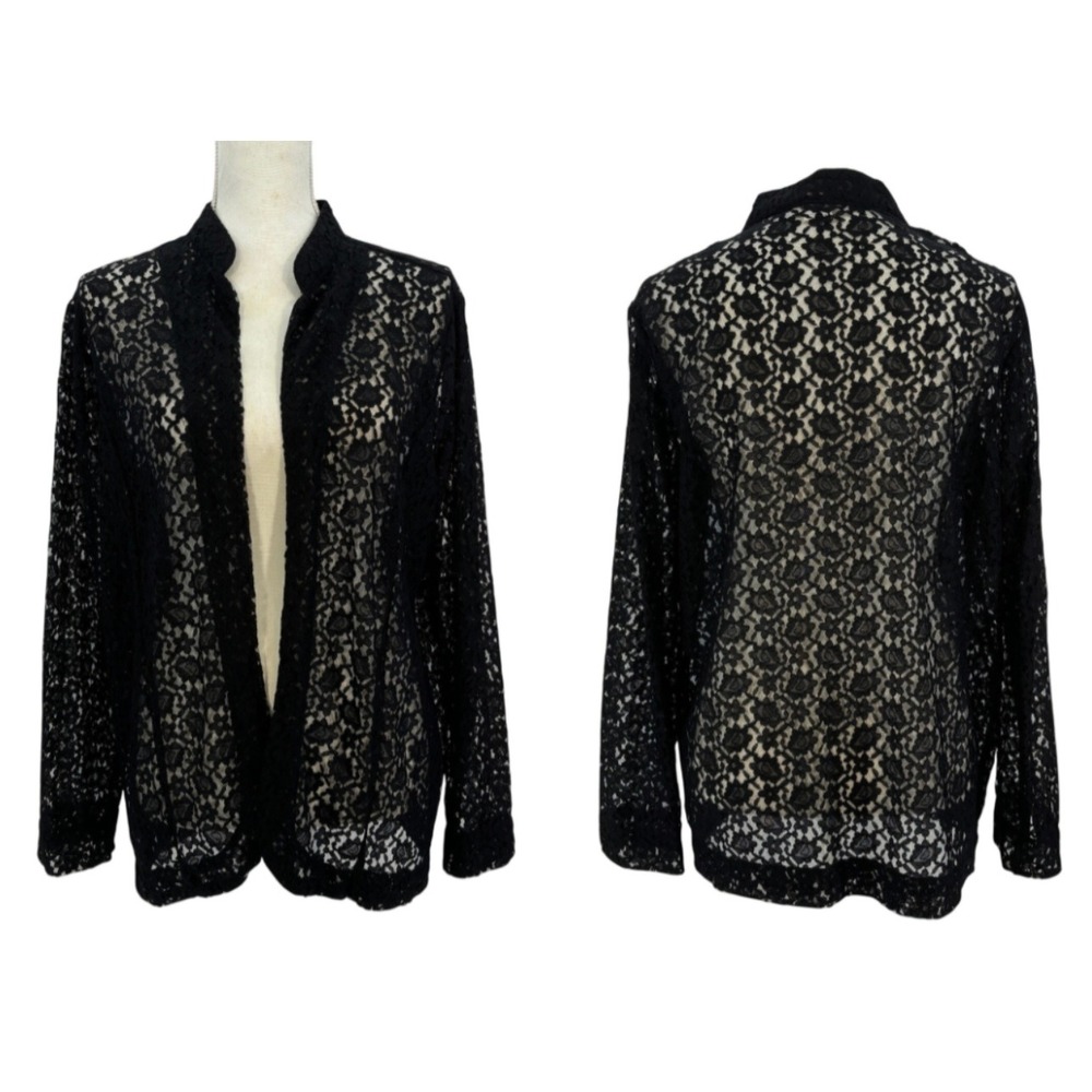 Vintage Black Lace Cardigan Sheer Floral Open Front Goth Whimsigoth Medium
